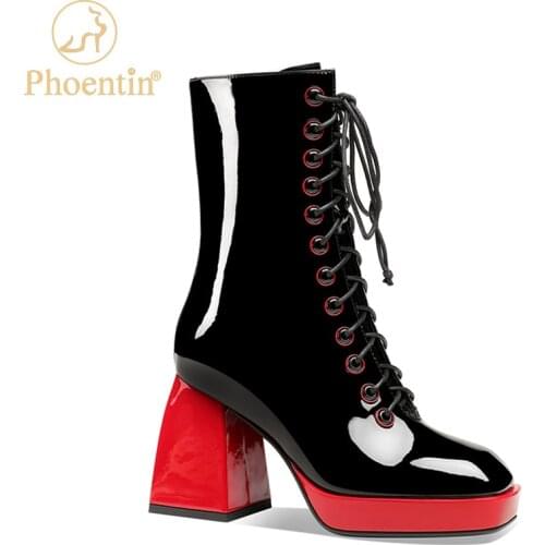 Phoentin red boot mid calf square toe real leather platform shoes womens high heel boots cross tied womens footwear FT1146
