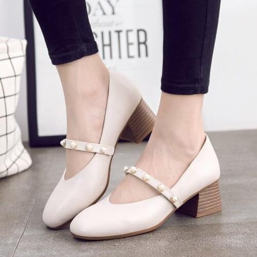 2019 spring new shallow mouth single shoes female thick with square head with pearl fashion large size 40-43 yards womens shoes