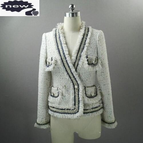 Top Quality Autumn Winter Women Runway Tweed Jacket Tassels Fringed Twill Office Lady Spliced Coat V Neck Slim Fit Short Jackets
