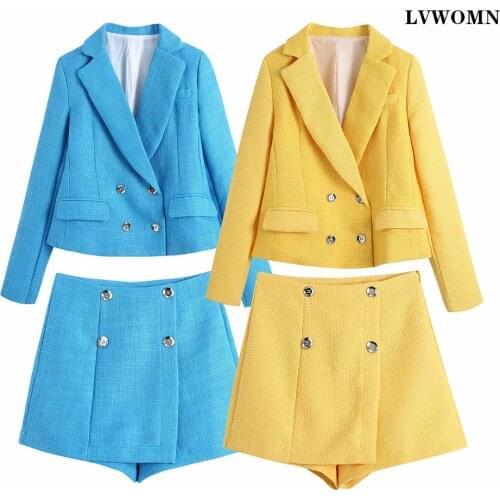LVWOMN Za Women 2 Piece Set Suit Blazer Vintage Texture Long Sleeve Coat Office Blazer And Casual High-Waisted Shorts Suit 2021
