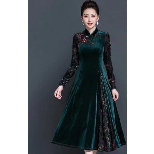 Fall Spring Women Mandarin Collar Wine Red Green Embroidery Cheongsam Dress , Woman Sequined Flower Chipao Dresses