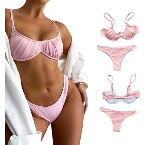 Womens Sexy Solid Color Bikini Sleeveless Sling Tops Briefs Swimsuit Bare Midriff Two-pieces Set