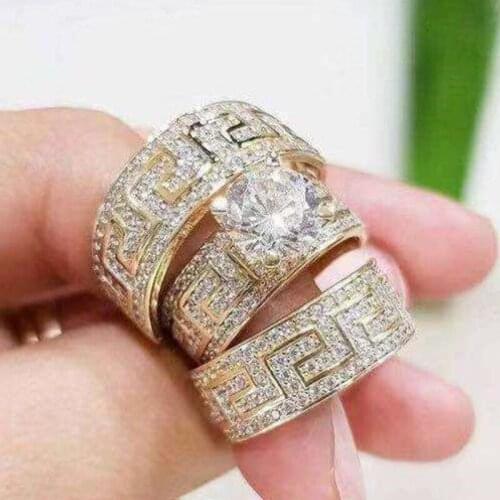 Golden Color Thick Ring 3 Pcs Ring Prong Setting Micro Crystal Full Cover For Wedding Engagement Birthday Jewelry Romantic Gifts