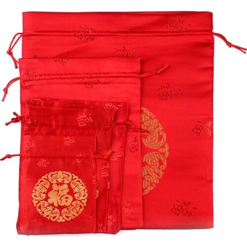 100pcs/lot 9x12, 13x18, 16x19, 17x22cm Embroidery FU Chinese Red Drawstring Satin Silk Pouches Christmas Gift Packaging Bags