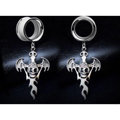 2pieces Dilataciones Oreja Ear Plugs Tunnels Ear Expansions Ear Reamer Gauges Earring Bat Skull Dangle Stainless Steel Earrings