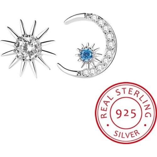925 Sterling Silver Earrings Asymmetrical Zirconia Star Moon Earrings For Women Gift S-E884