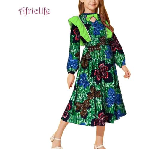 African Kids Clothes Butterfly Collar Patchwork Skirt Pleated With Petal Sleeve Mid-Calf Dress For Girl Plus Size Custom WYT603