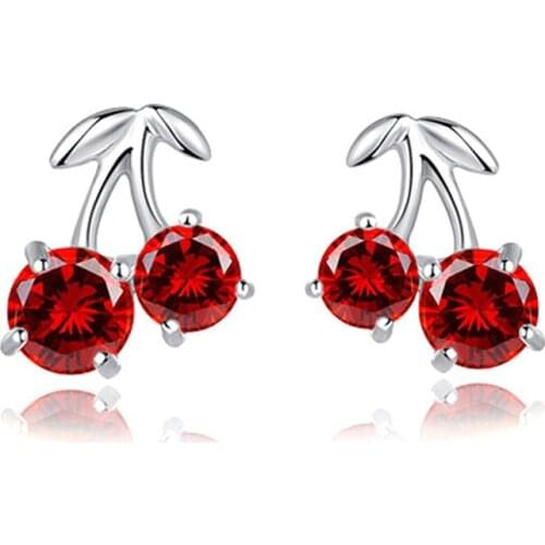 Korean Style Sweet Cherry 925 sterling silver Stud Earrings for Women Girls Party Gift Red Crystal Earring Accessories
