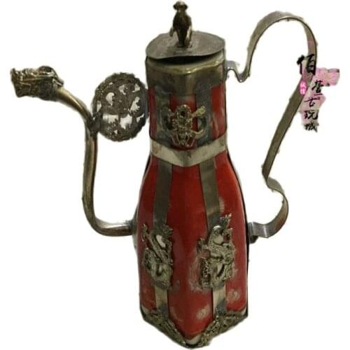 Antique white copper, Miao silver, inlaid with Feilong porcelain, water pot, teapot, wine pot, furniture decoration