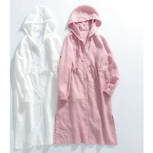 Pure linen long sunscreen shirt long sleeve hooded windbreaker thin coat loose literary cotton linen 2021 autumn women 368