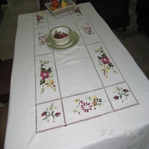 Export trade of the original single pure hand-embroidered white cotton slub cotton king large rectangular table cloth table clot