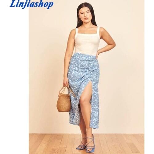 Elegant floral print blue skirt women high waist split midi skirt slim ruched side buttons women skirt