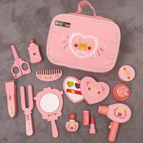 Play Makeup for Girls Cosmetic Bag Game Wood Blocks Children Kindergarten Supplies Pretend Play Wooden Toys Kids Makeup Set Gift