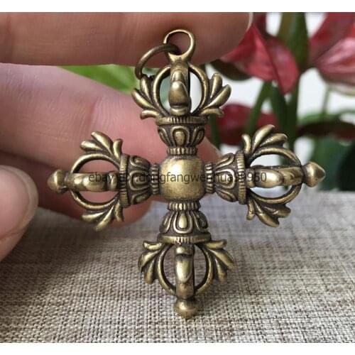 Chinese Bronze Brass 4 Petal Dorje Vajra-pestle exorcise evil Amulet Pendant A02