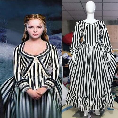 Cosplaydiy Victorian Gothic Black and White Striped Ball Gown Dress Inspired Sleepy Hollow Katrina Van Tassel Cosplay Costume
