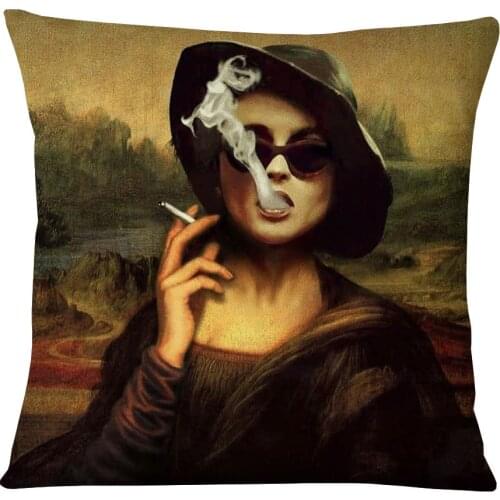 Smoking Woman Painting Pillowcase European Famous Art Retro Mona Lisa Smile Cushion Cover 45X45cm Sofa Decoration