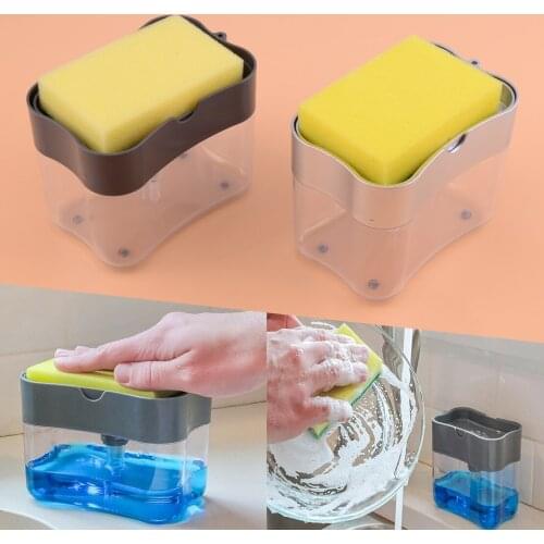 New Plastic 2 in 1 Manual Press Dishwashing Liquid Soap Dispenser Box 13.8 x 9 x 11 cm With Sponge Holder