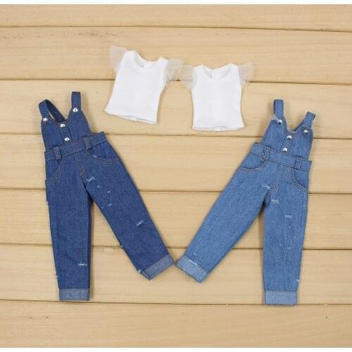 Clothes For 1/6 Blyth blue Jeans Overall with Lace White Shirt Free Shipping
