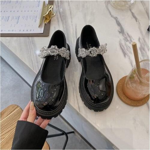 Pure color small leather shoes female England 2021 spring new Japanese crystal chain platform Mary Jane shoes doll single shoes