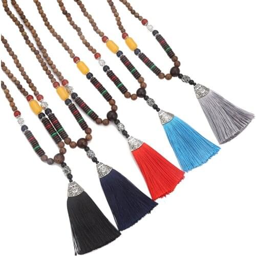 LOVBEAFAS Bohemian Long Tassel Necklace Women Fringe Vintage Statement Crystal Wood Beads Boho Pendants Necklaces Jewelry Bijoux