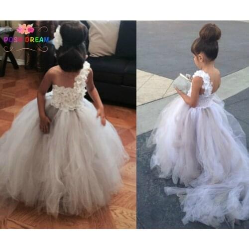 POSH DREAM White and Grey Flower Girl Dress Little White Flower Petals Girl Tutu Dress with Train Tulle Wedding Dress Couture