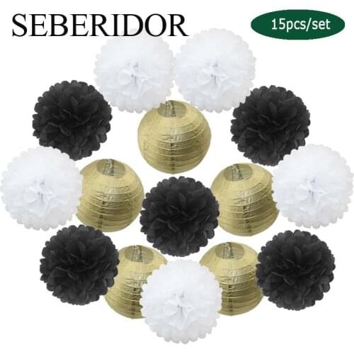 30th 60th Birthday Party Favor 6" 8" 10" 12" Gold Round Paper Lantern Black White Tissue Pompom Kids Graduation EID Decoration