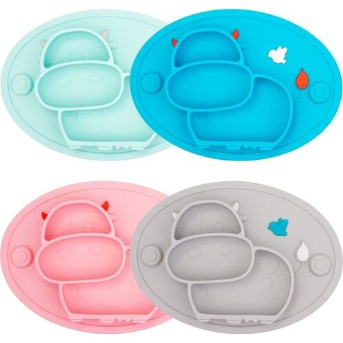 Qshare 4PCS Cow Baby Dining Plate Children Food Feeding Bowl Anti-Fall Dishes Infant Silicone Suction Tableware