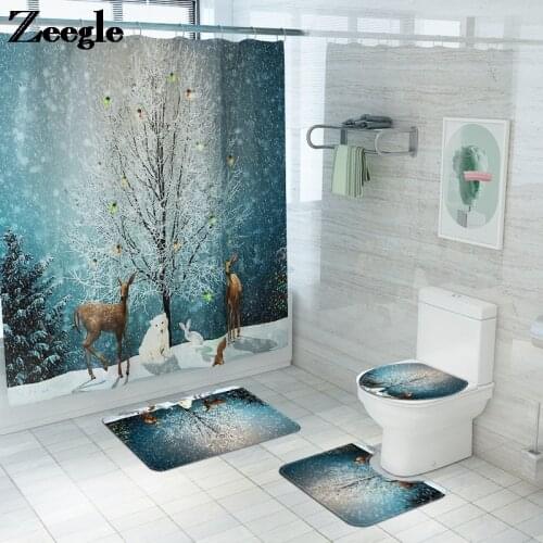 Christmas Style Bathroom Carpet Set Non-Slip Bathroom Floor Mat Set Toilet Mat for Bathroom Cartoon Toilet Seat Cover Mat Set