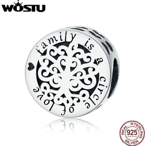 WOSTU 925 Sterling Silver Round Beads Family is a circle of love Pendant Fit Original Bracelet Charms Silver 925 Jewelry BKC1324