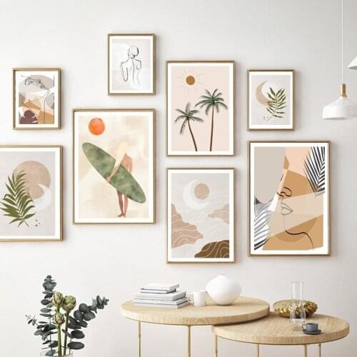 Nordic Abstract Wall Art Canvas Painting Girl Surfboard Sun Moon Plant Leaves Posters and Prints Living Room Home Decoration