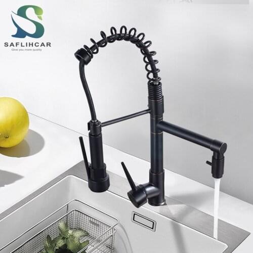 Black Bronze With LED Light Kitchen Sink Faucet Double Outlet 360 Degree Rotating Kitchen Faucet With Spring Deck Installation