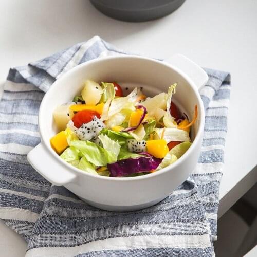 Creative Double Ear Round Thick Soup Bowl, Matt Glaze Ceramic Bowl, Salad Bowl, Baked Rice Soup Bowl, Baked Cheese Bowl