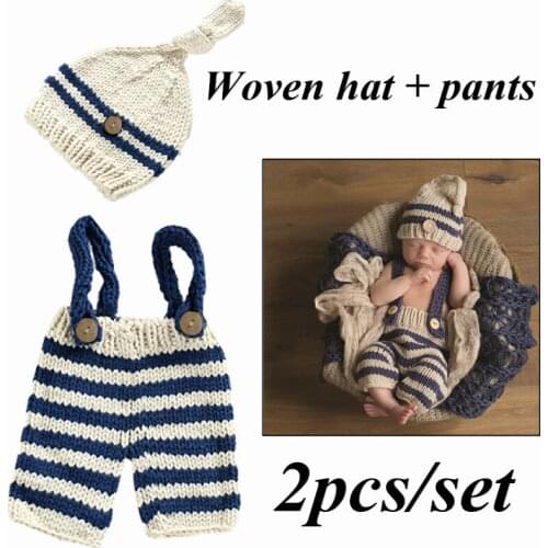 Crochet Knit Overall Bib Pants + Hat 2Pcs Sets Striped Outfits Baby Photo Costume Clothes Newborn Photography Prop
