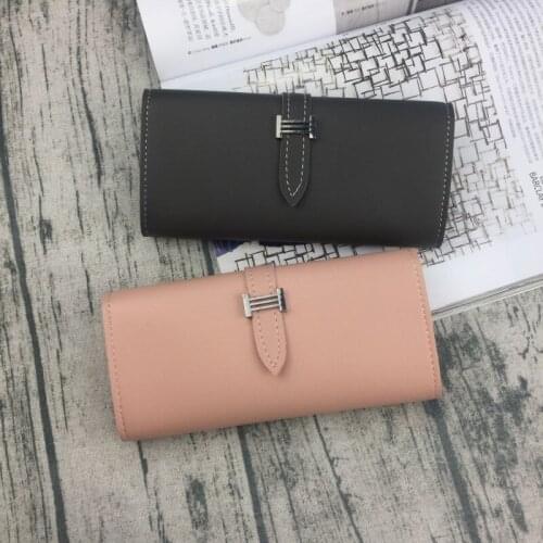 Womens H Letter Leather Wallet European And American Embossed Solid Color Drawstring Long 3 Fold Wallet wholesale New Model