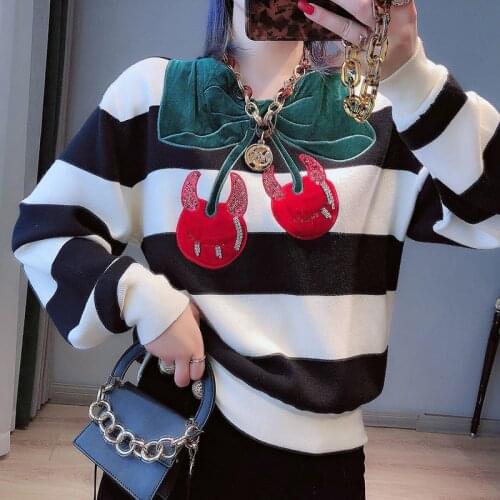 Lazy Oaf Sweaters for Women 2021 Autumn Winter Thick Warm Pullover Sweater Sueter Mujer Beaded Bows Black White Striped Jumpers