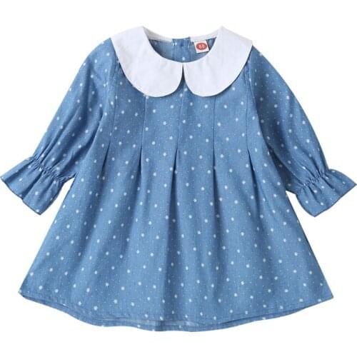 Girls Dress Denim Printed Small Floral Long Sleeve Dress Trendy Sweet New 2021