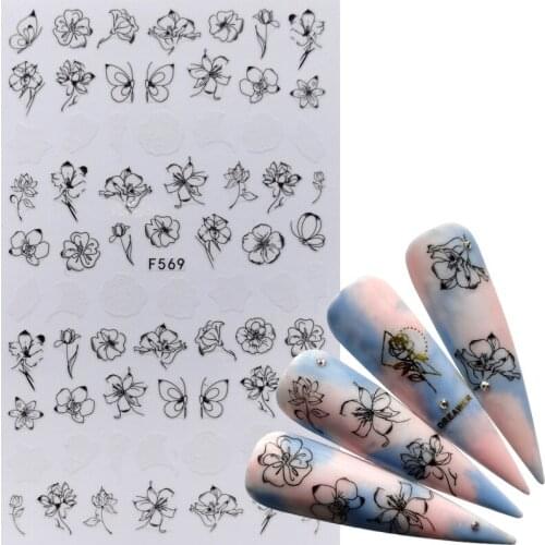 1 PC Nail Black Butterfly Flower Series 3D Adhesive Sliders Wraps Tips Charm Art Manicure Decorations