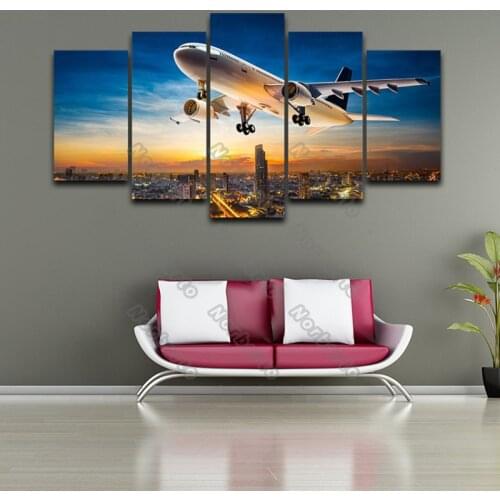 5 Pieces Canvas Painting Wall Poster The Realistic Picture of Airplane Flying Over The City At Dawn for Home Rooms Wall Decorat