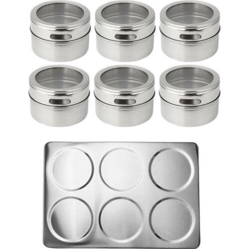 6PCS Magnetic Spice Tins Jars with iron base Racks Clear Top Lid Magnet Spice Jars Multipurpose Kitchen Storage Containers