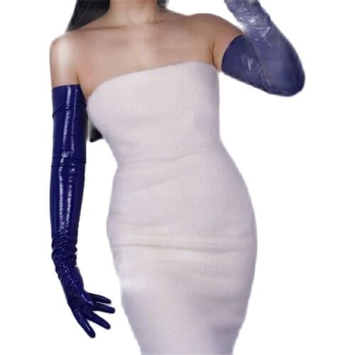 70cm Extra Long Patent Leather Gloves Emulation Leather PU Female Bright Leather Dark Blue Royal Blue WPU01-70