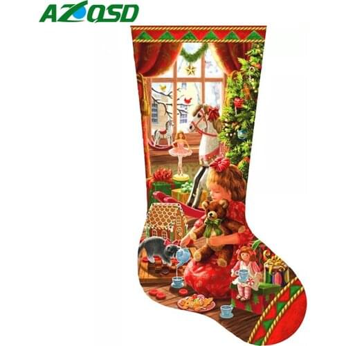 AZQSD Full Drill Diamond Painting Christmas Socks Cross Stitch Kits Diamond Embroidery 5D Bear Landscape Mosaic Decor Gifts