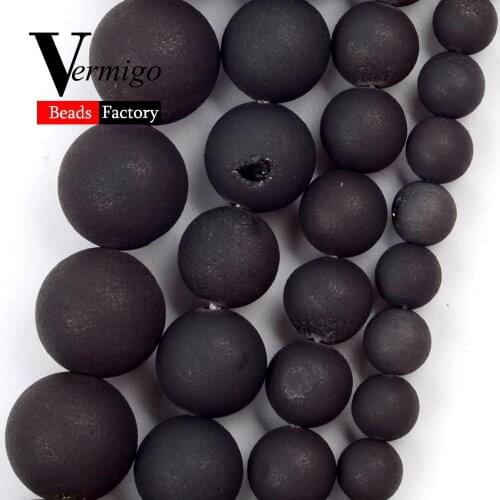 Natural Frost Black Drusy Agates Stone Round Beads for Jewelry Making 6/8/10/12mm Spacer Beads Diy Bracelet Necklace Accessories