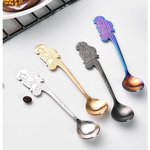 Tea Spoon 304 Stainless Steel TeaSpoon Cute Mermaid Pattern Dessert Snack Coffee Spoon Party Kitchen Wedding Gift Tableware