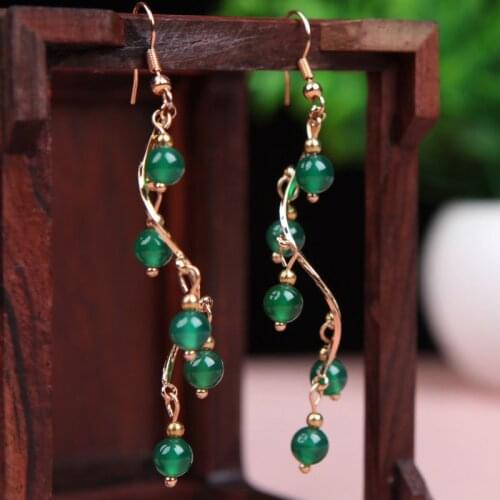 Bohemian Style Twist Green Agate Dangle Earrings Long Metal Women Luxury Earrings Jewelry Symbols Health and Wealth Good Fortune