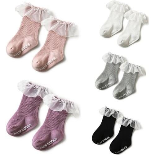 Toddler Baby Girls Frilly Lace Trim Cotton Socks Ribbed Striped Solid Color Newborn Infants Princess Non-Slip Letters 0-3 H055