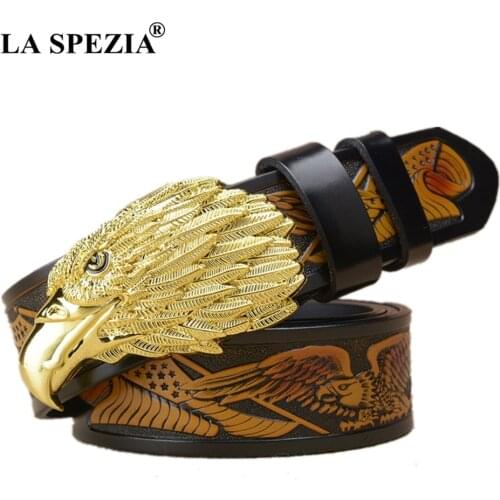 LA SPEZIA Real Leather Belt Men Gold Eagle Pin Buckle Belt Male Italy Brand Genuine Cowhide Leather Vintage Designer Belts 130cm