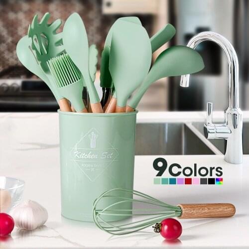 Silicone Cooking Utensils Set Non-Stick Cookware with Wooden Handle Easy To Clean Egg Beaters Shovel Spoon Soup Cooking Tool Set