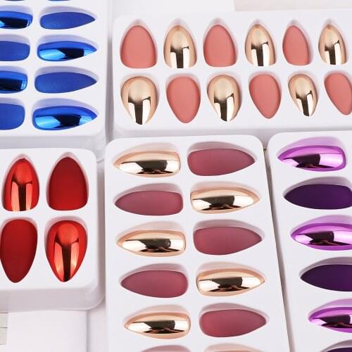 New popular JR wearable nails 24 pieces with self-adhesive type Electroplating frosted false nails removable