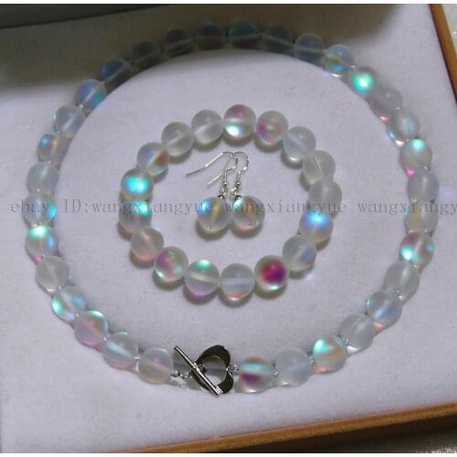 8mm White Gleamy Rainbow Moonstone Round Beads Necklace +Bracelet + Earrings Set Jewelry
