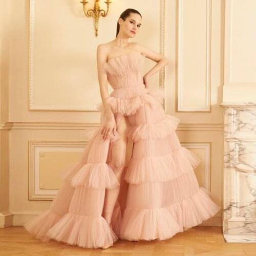 Sweet Pretty Blush Pink Ruffles A-line Prom Gowns Puffy Sexy High Side Split Women Dresses To Birthday Party Formal Dress